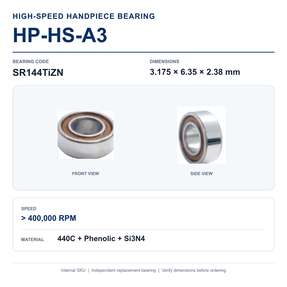 HP-HS-A3 SR144TiZN high-speed dental handpiece bearing, 3.175 × 6.35 × 2.38 mm