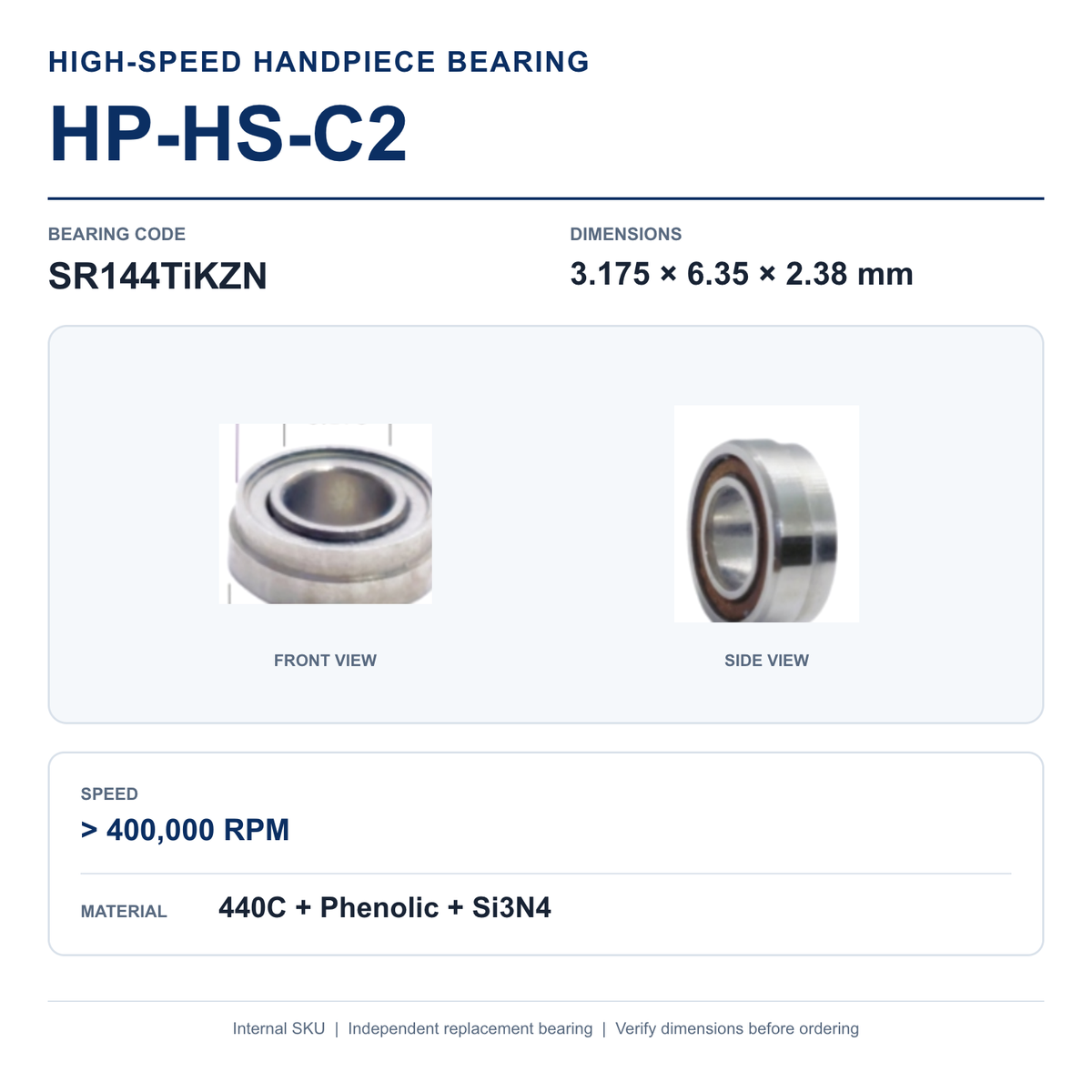 HP-HS-C2 SR144TiKZN high-speed dental handpiece bearing, 3.175 × 6.35 × 2.38 mm