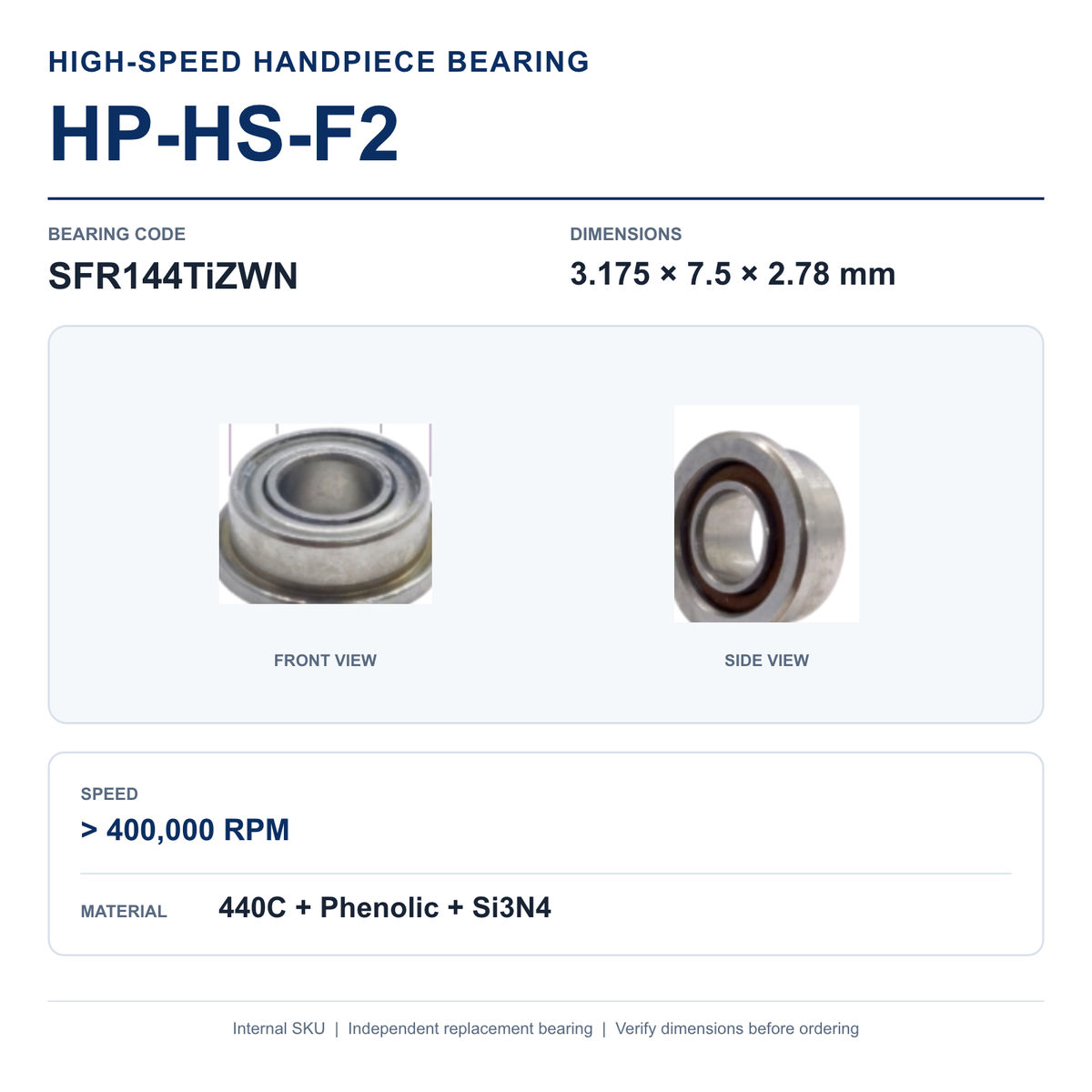 HP-HS-F2 SFR144TiZWN high-speed dental handpiece bearing, 3.175 × 7.5 × 2.78 mm