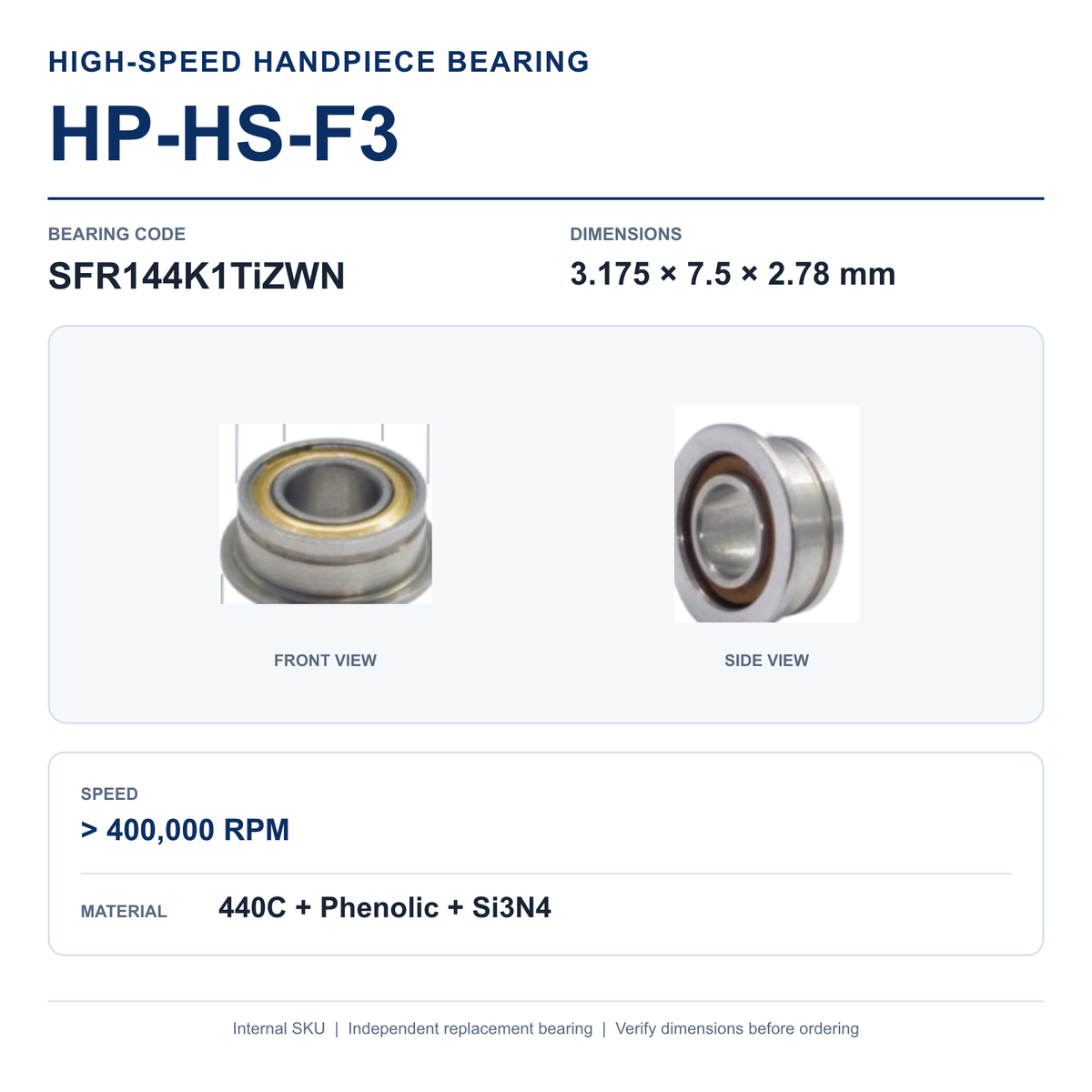 HP-HS-F3 SFR144K1TiZWN high-speed dental handpiece bearing, 3.175 × 7.5 × 2.78 mm