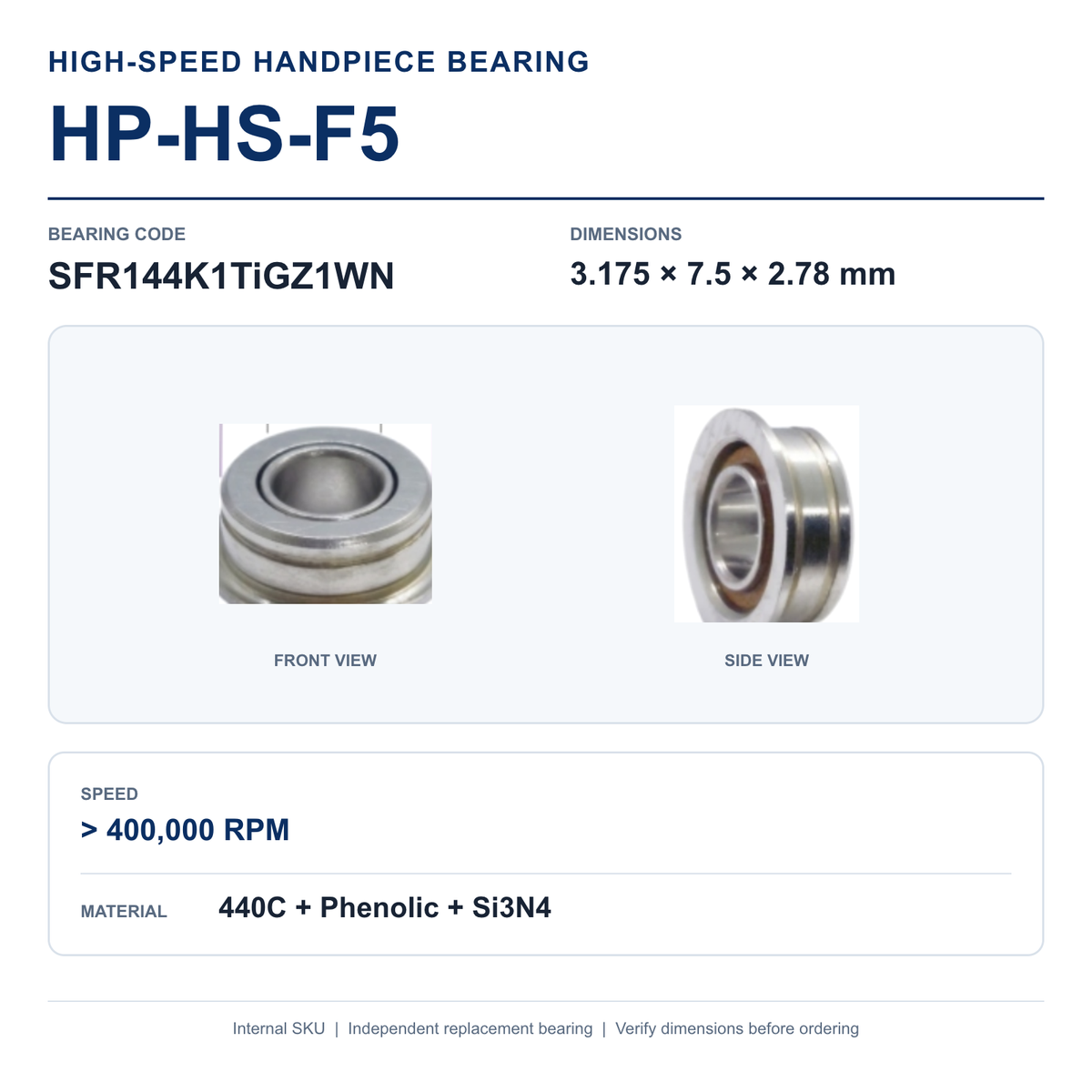 HP-HS-F5 SFR144K1TiGZ1WN high-speed dental handpiece bearing, 3.175 × 7.5 × 2.78 mm