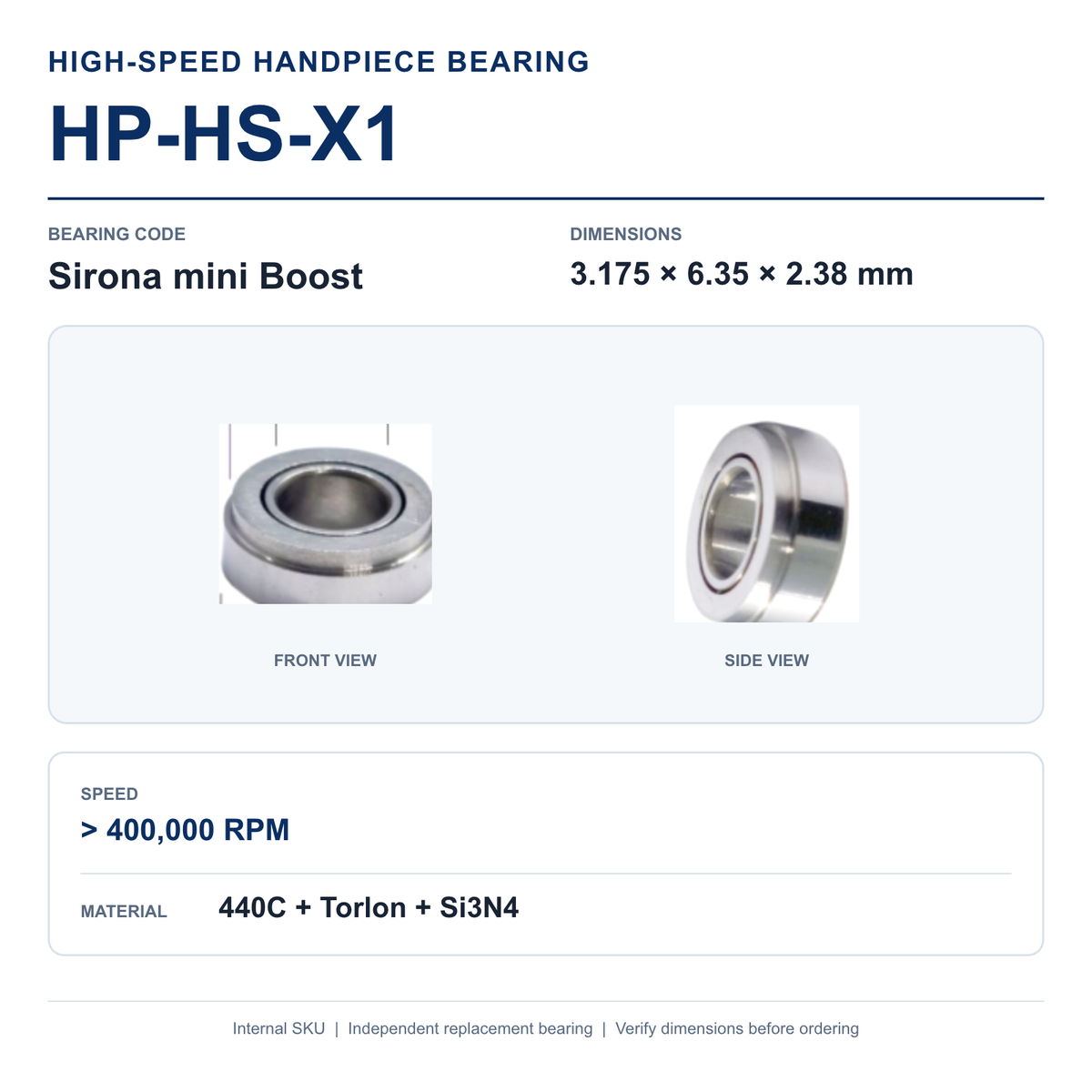 HP-HS-X1 Sirona mini Boost high-speed dental handpiece bearing, 3.175 × 6.35 × 2.38 mm