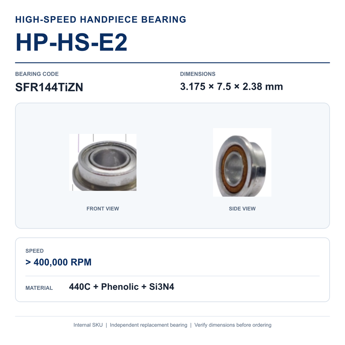 HP-HS-E2 SFR144TiZN high-speed dental handpiece bearing, 3.175 × 7.5 × 2.38 mm