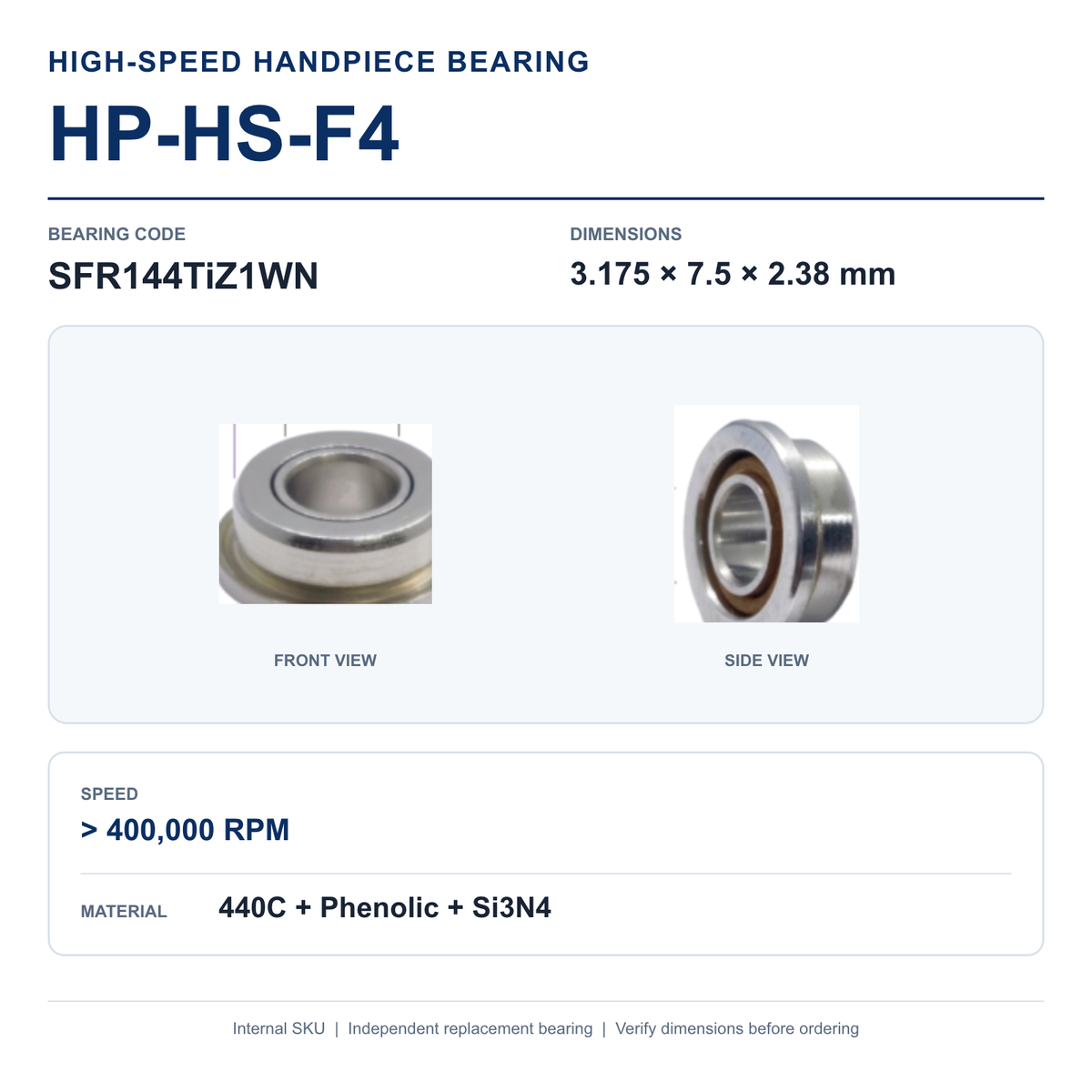 HP-HS-F4 SFR144TiZ1WN high-speed dental handpiece bearing, 3.175 × 7.5 × 2.38 mm
