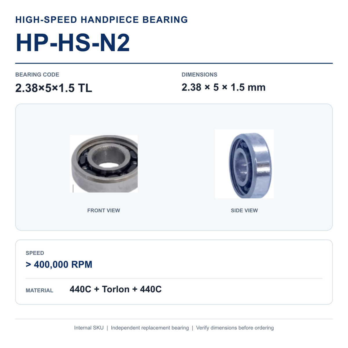 HP-HS-N2 2.38×5×1.5 TL high-speed dental handpiece bearing, 2.38 × 5 × 1.5 mm