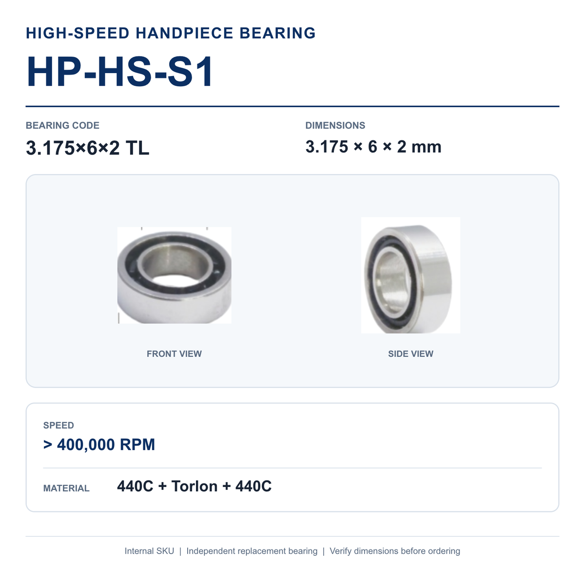 HP-HS-S1 3.175×6×2 TL high-speed dental handpiece bearing, 3.175 × 6 × 2 mm