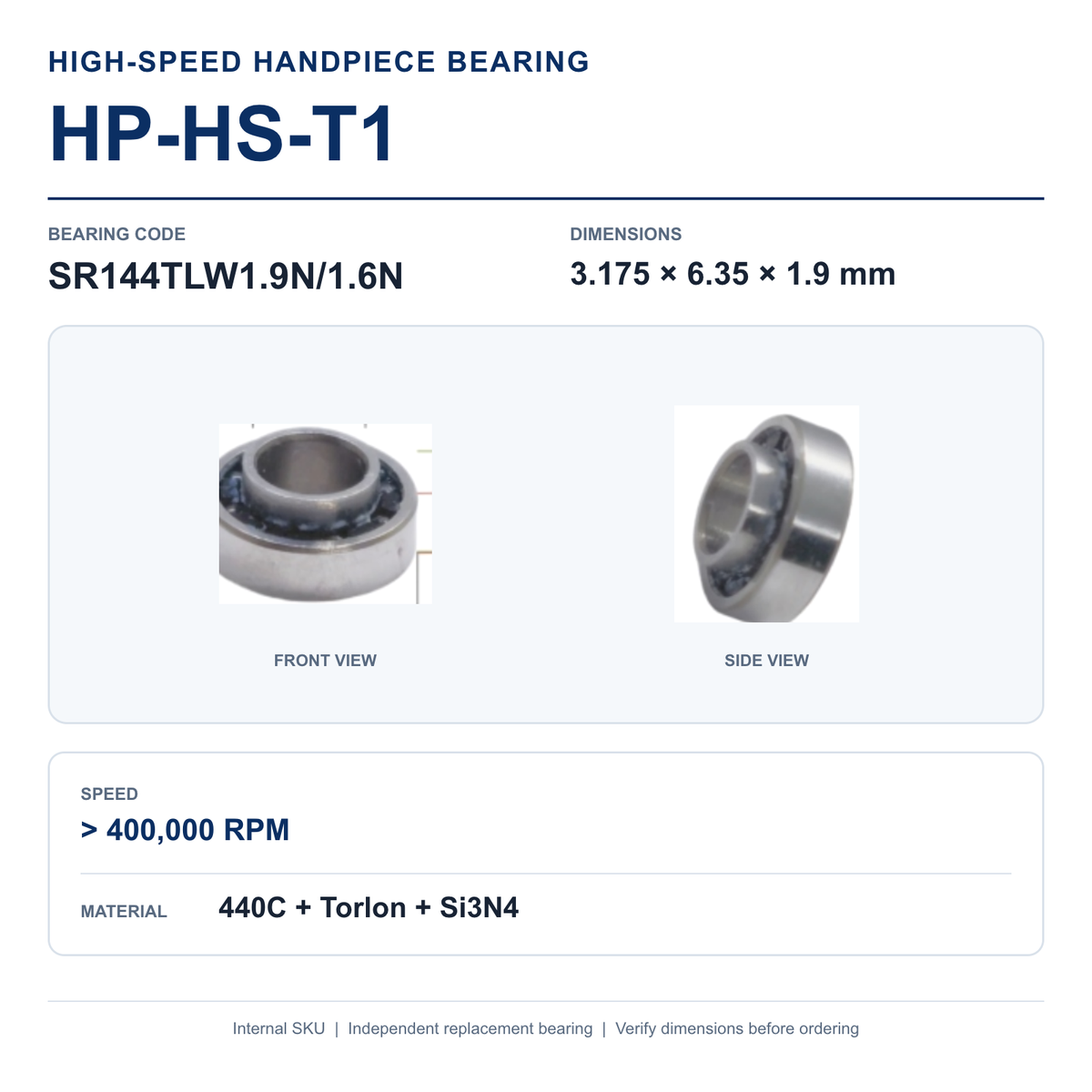 HP-HS-T1 SR144TLW1.9N/1.6N high-speed dental handpiece bearing, 3.175 × 6.35 × 1.9 mm