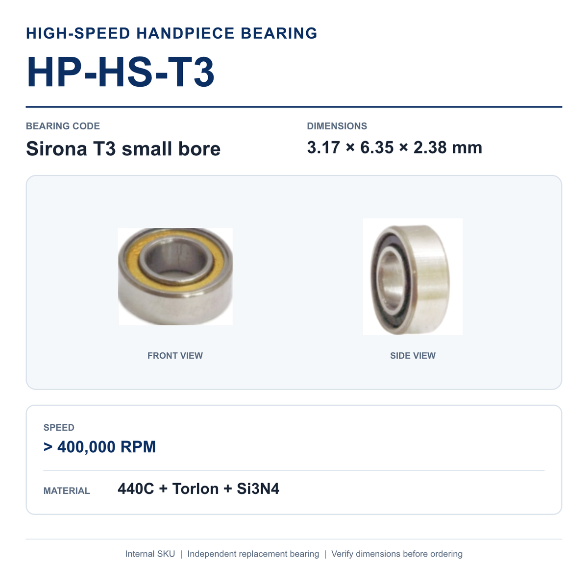 HP-HS-T3 Sirona T3 small bore high-speed dental handpiece bearing, 3.17 × 6.35 × 2.38 mm