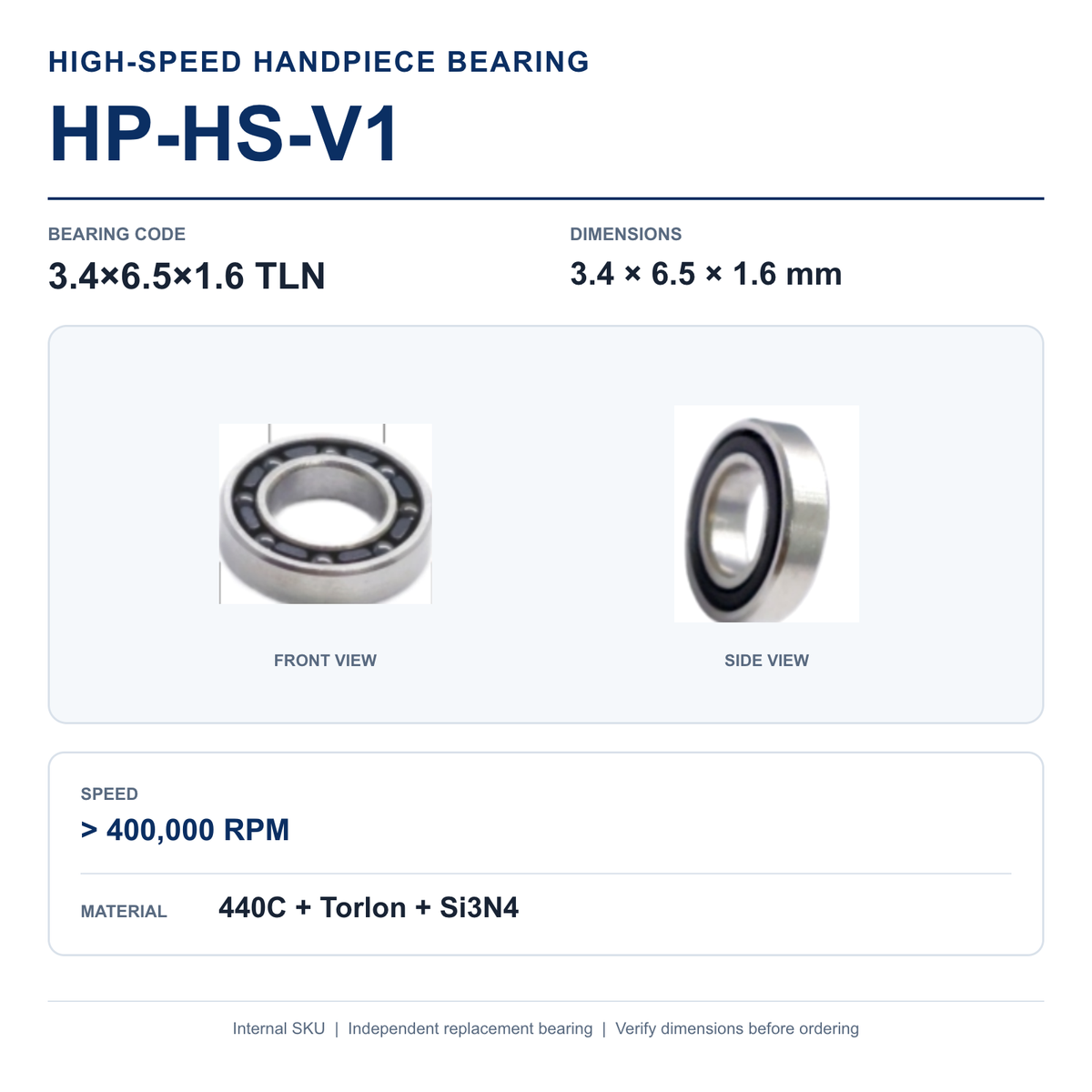 HP-HS-V1 3.4×6.5×1.6 TLN high-speed dental handpiece bearing, 3.4 × 6.5 × 1.6 mm